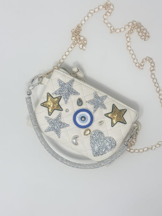 White Evil eye and Starz-  Hand Sewn and Embellished - Evil Eye, stars and heart chain crossbody bag