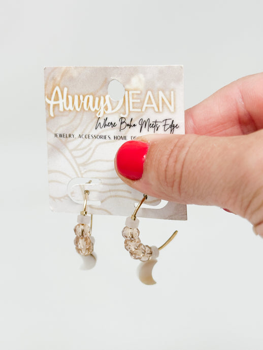Gold Filled Hammered Rose Quartz and Shell Moon Hoops
