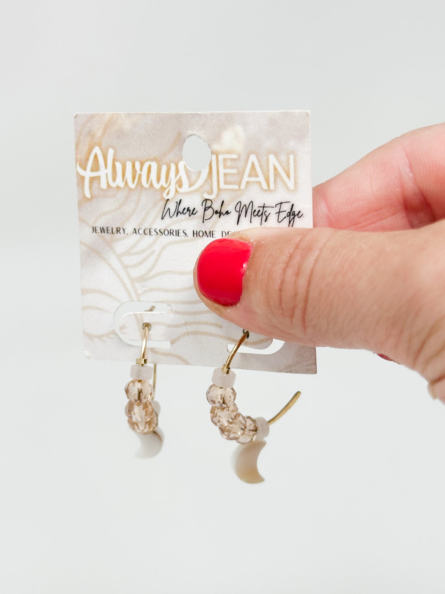 Gold Filled Hammered Rose Quartz and Shell Moon Hoops