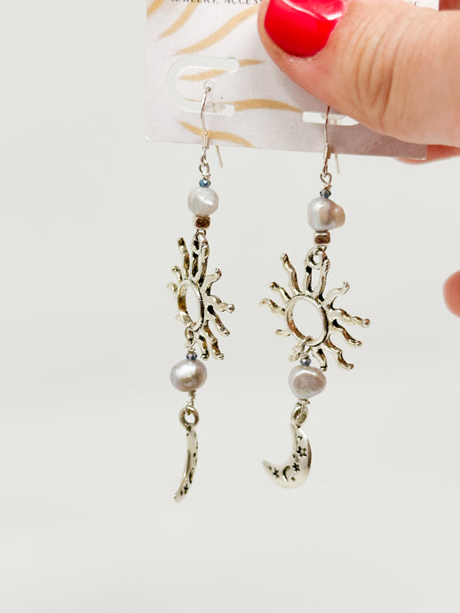 Sterling Silver Pearl and Lapis Sun and Moon Dangles