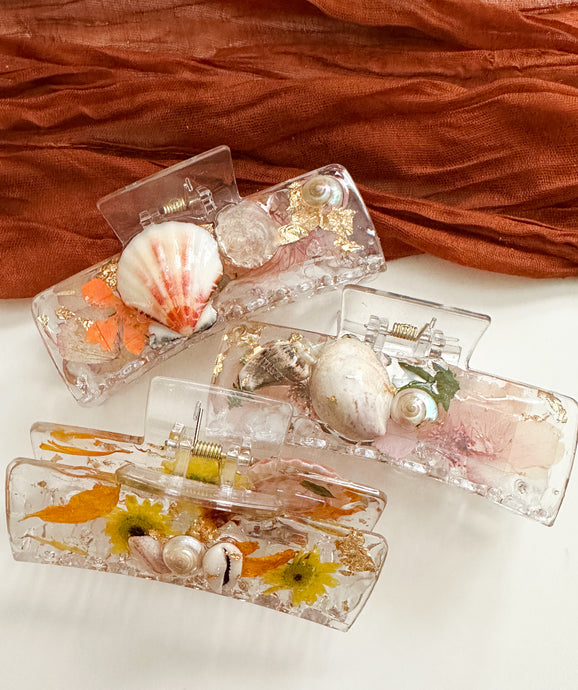Beachy Shells- Clear Claw Clips Infused with Real Pressed Flowers Cast in Resin. MADE TO ORDER: Choose Your Own Flowers. (Copy)