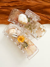 Load image into Gallery viewer, Beachy Shells- Clear Claw Clips Infused with Real Pressed Flowers Cast in Resin. MADE TO ORDER: Choose Your Own Flowers. (Copy)