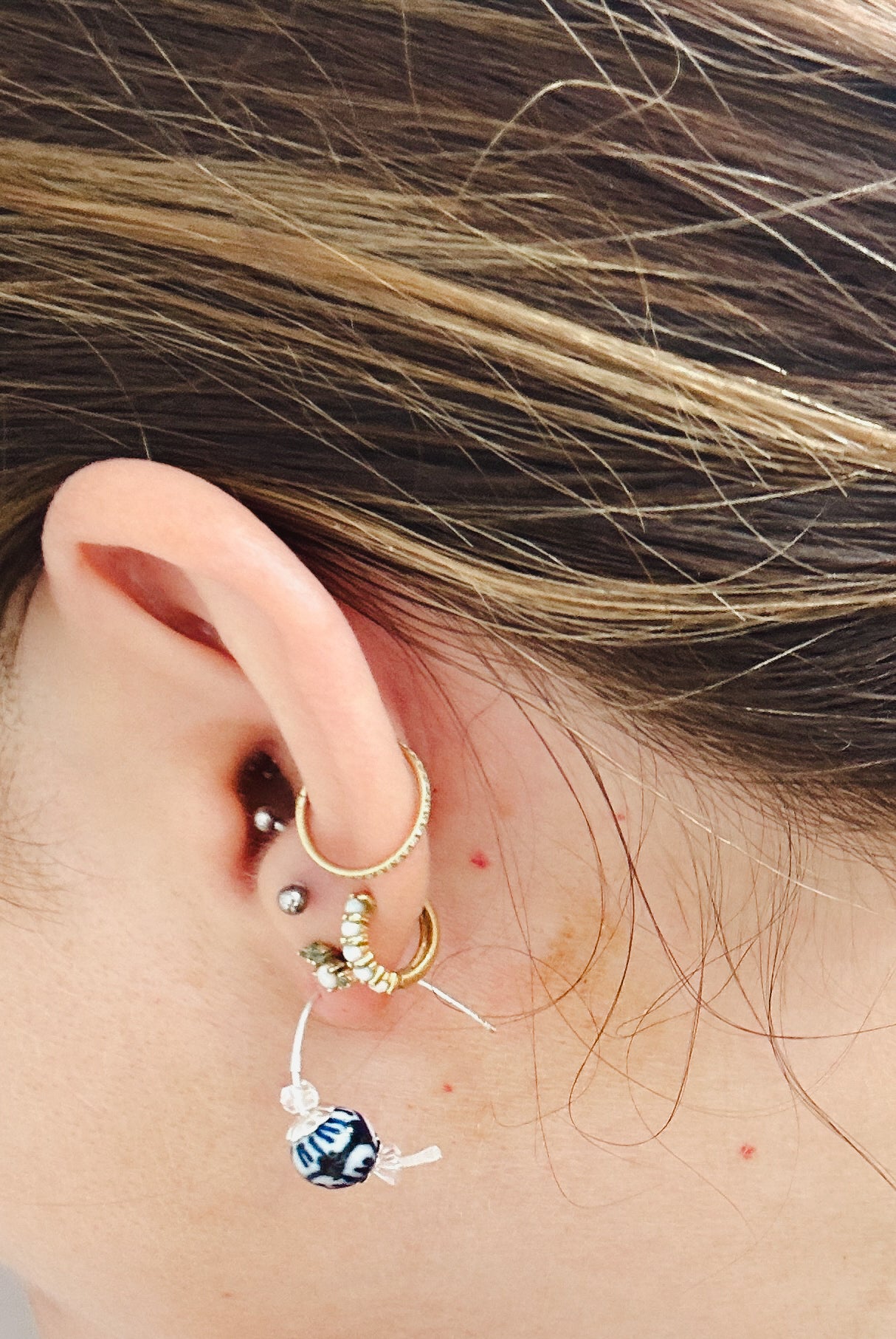 Sterling Silver Hammered blue ceramic Hoops