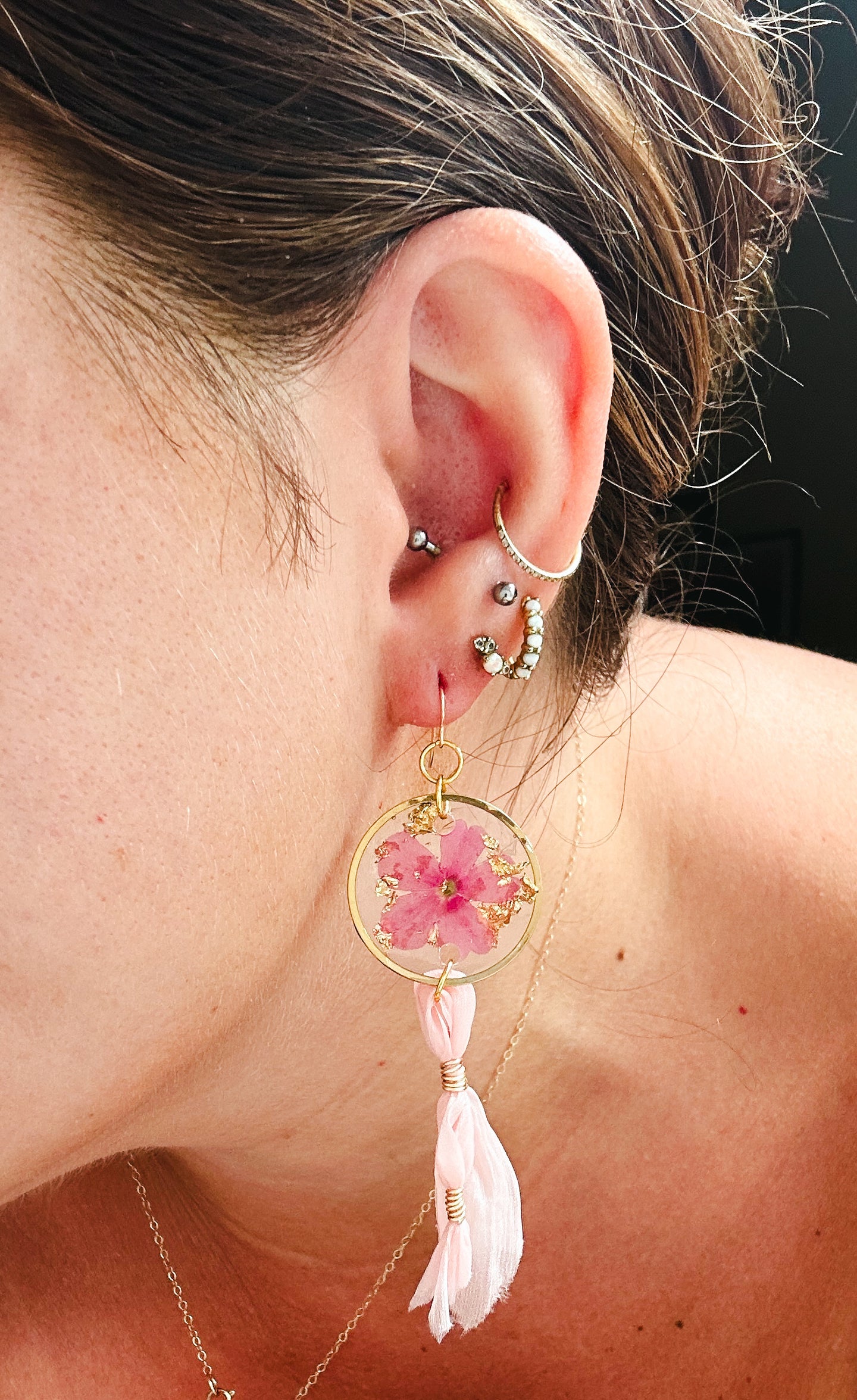 Gold Filled Pink Flower tassel earrings