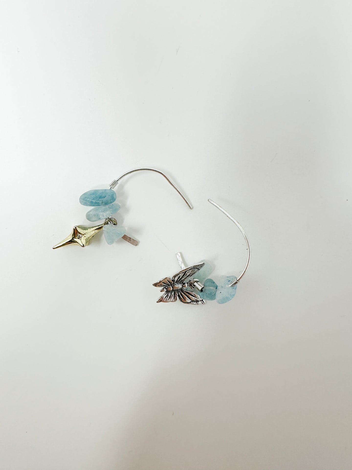 Sterling Silver Hammered Aquamarine cool girl mixed metal hoops