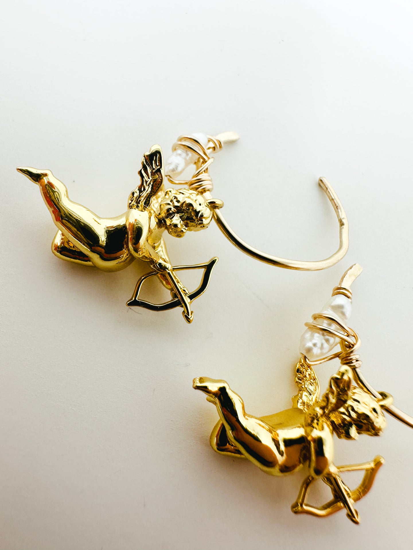 Gold Filled Hammered Pearl wrapped hoops with cherub charms