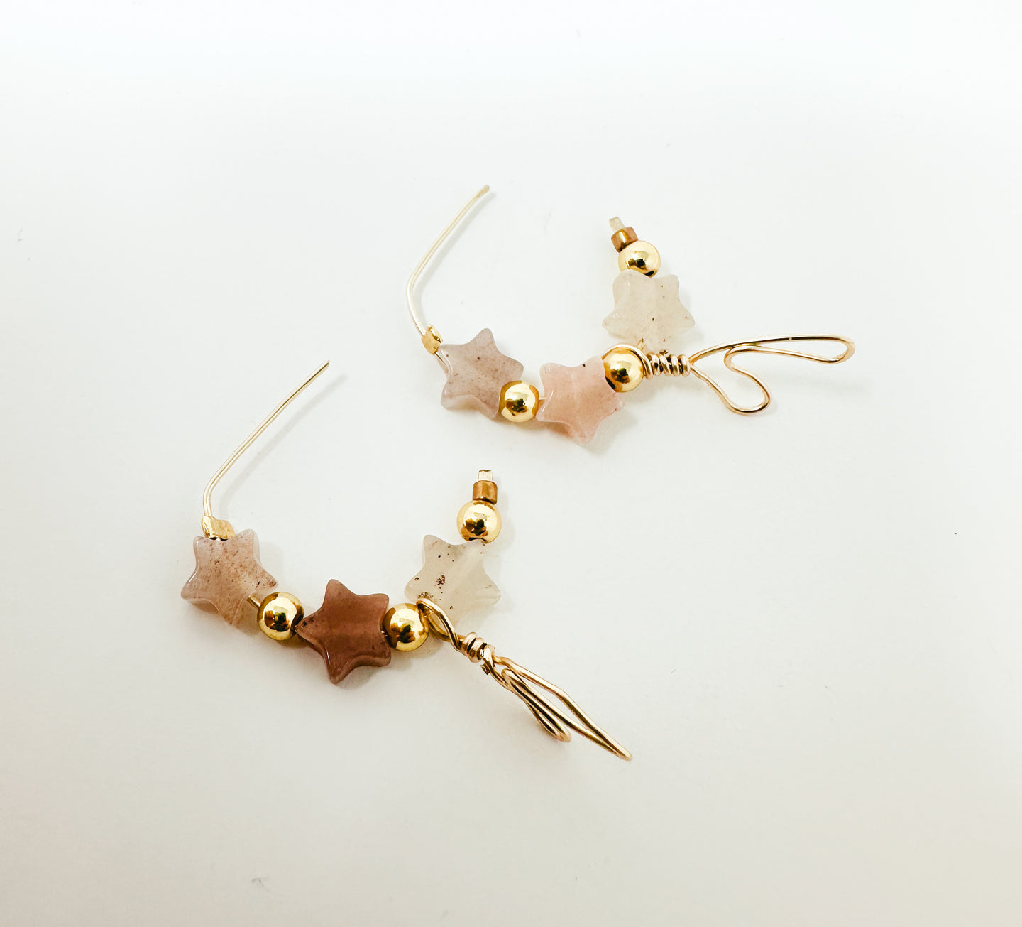 Gold Filled Hammered hoops with strawberry quartz stars and gold filled beads with wire heart charm.
