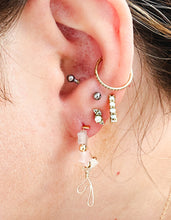 Load image into Gallery viewer, Gold Filled Hammered hoops with strawberry quartz stars and gold filled beads with wire heart charm.