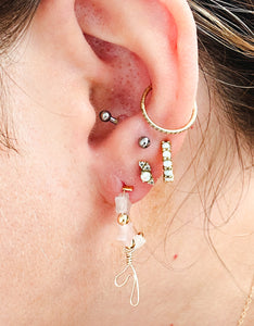 Gold Filled Hammered hoops with strawberry quartz stars and gold filled beads with wire heart charm.