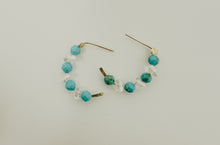 Load image into Gallery viewer, Gold Filled Hammered hoops with turquoise and clear raw cut beads
