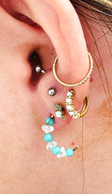 Load image into Gallery viewer, Gold Filled Hammered hoops with turquoise and clear raw cut beads