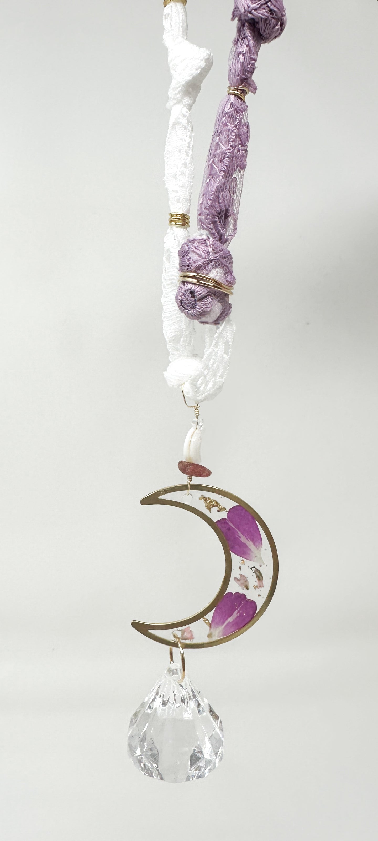 Rearview Mirror Real flower purple and white lace Sun Catcher Accessory