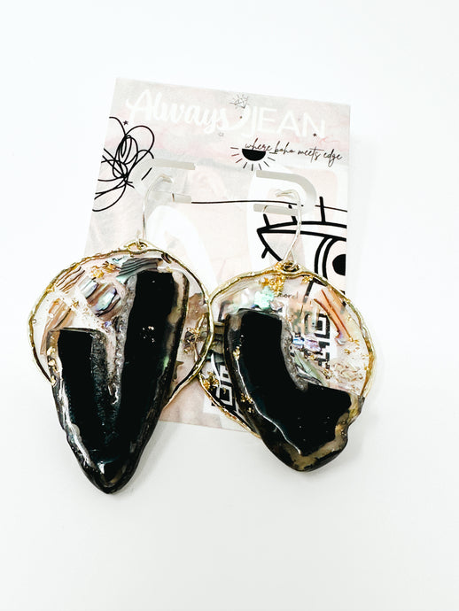 Abalone shells with black agate sterling silver earrings.
