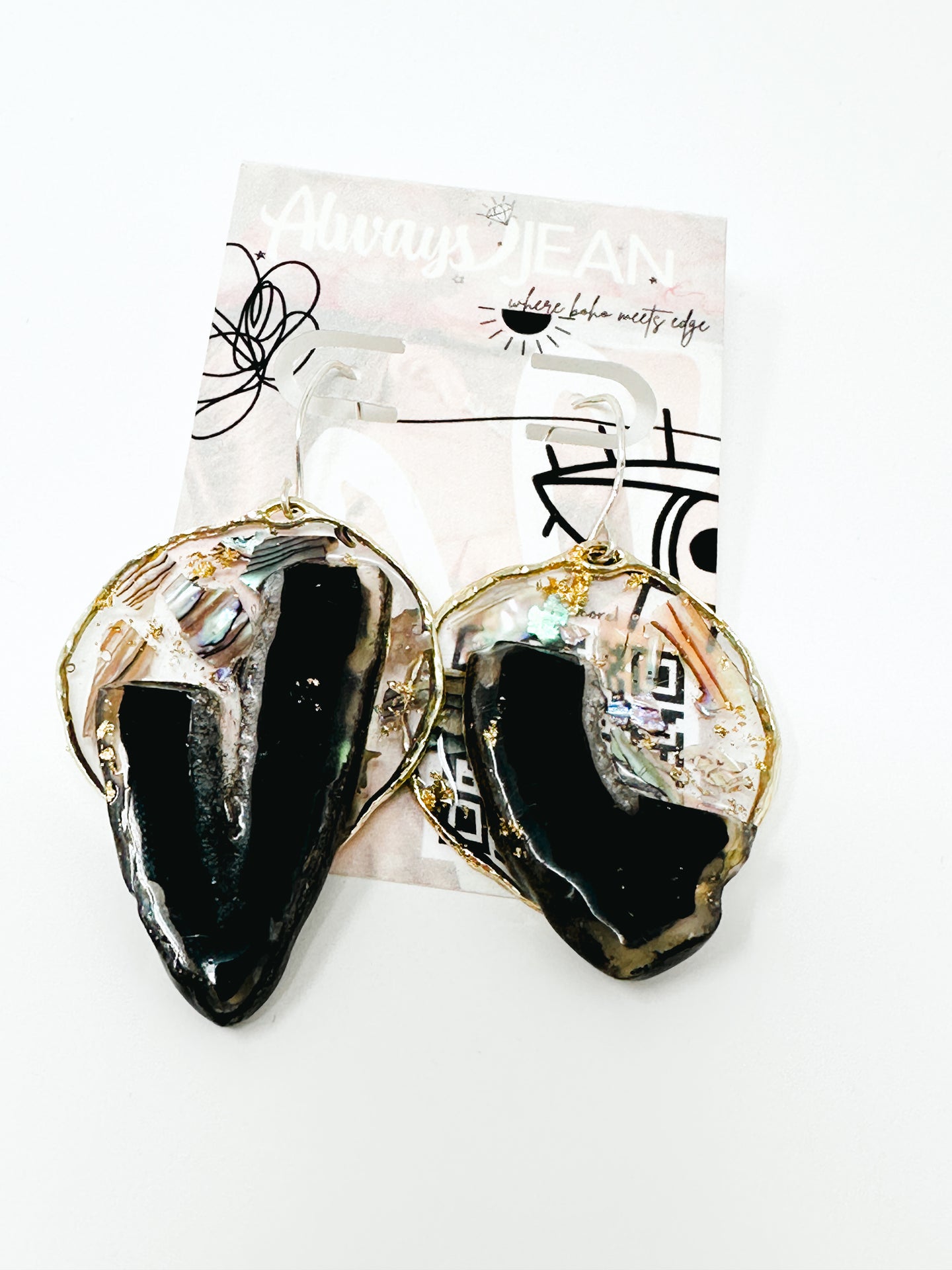 Abalone shells with black agate sterling silver earrings.