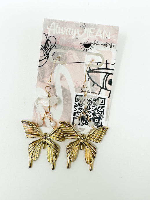 Gold butterfly and quartz stone gold filled earrings.
