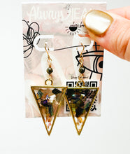 Load image into Gallery viewer, Pyrite and abalone shell gold filled earrings.