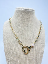 Load image into Gallery viewer, Paper clip necklace with genuine pearl and heart clasp
