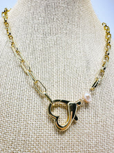 Load image into Gallery viewer, Paper clip necklace with genuine pearl and heart clasp