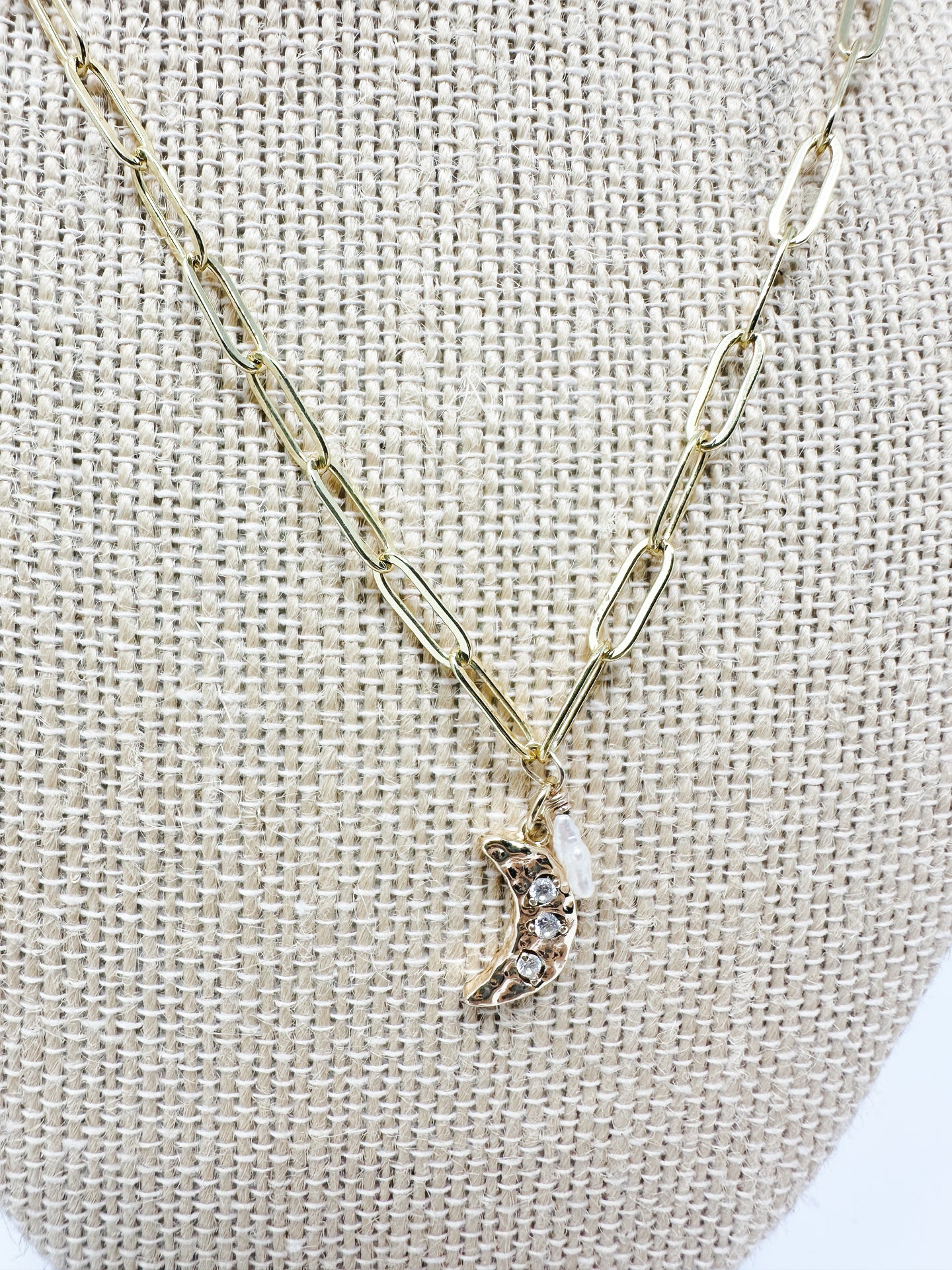 Paper clip necklace with moon charm and pearl