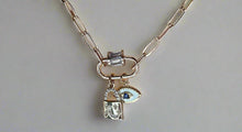 Load image into Gallery viewer, Paper clip- moon locket and evil eye charm necklace