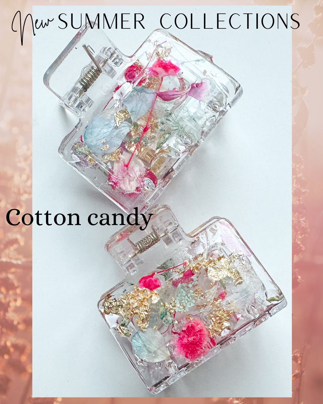 Cotton Candy- Clear Claw Clips Infused with Real Pressed Flowers Cast in Resin. MADE TO ORDER: Choose Your Own Flowers. (Copy) (Copy)