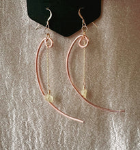 Load image into Gallery viewer, Copper Crescent Moon Peridot Dangles- 14k Earring Hooks.