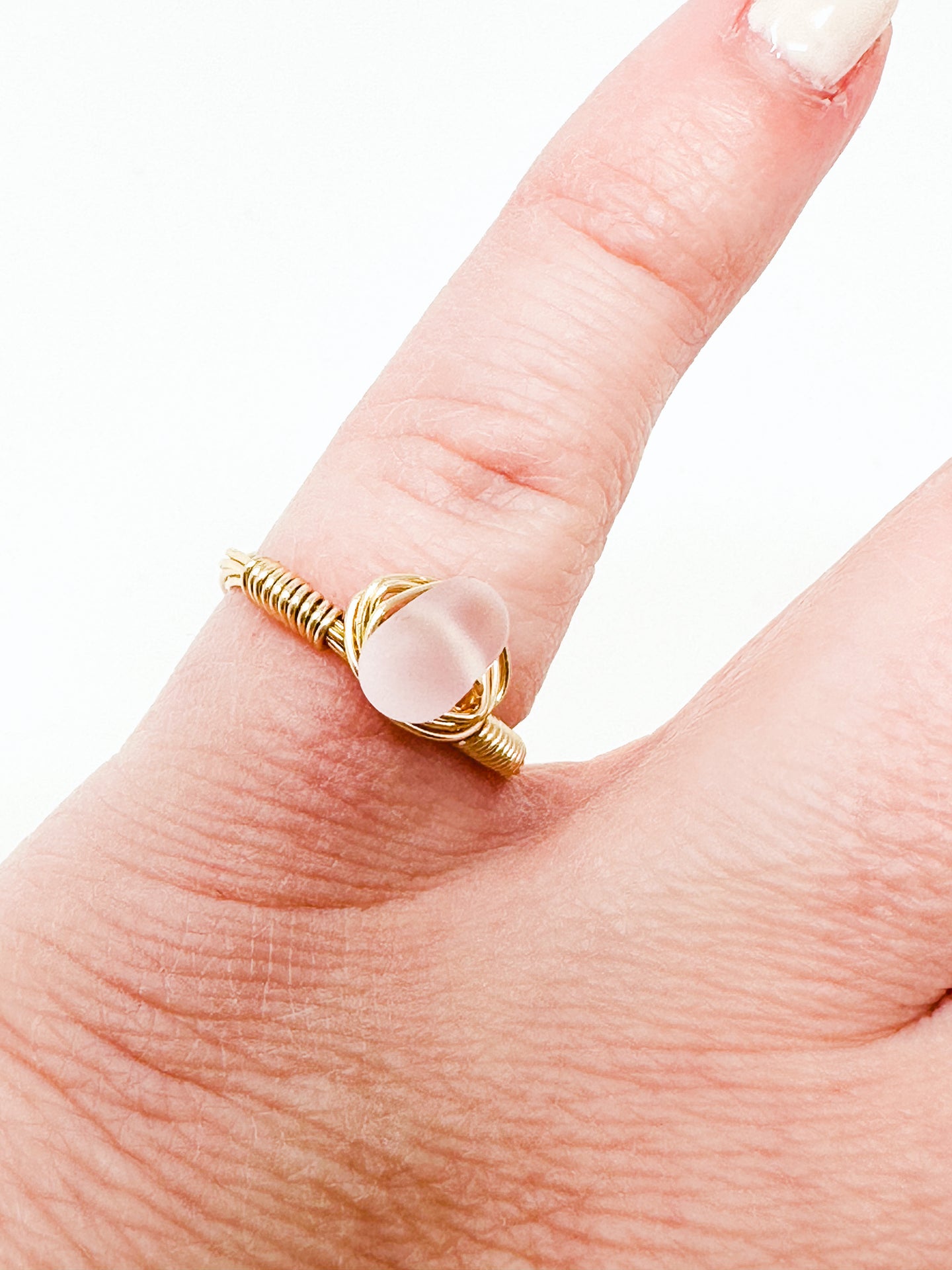 Pink SeaGlass Stone Gold Wire Ring