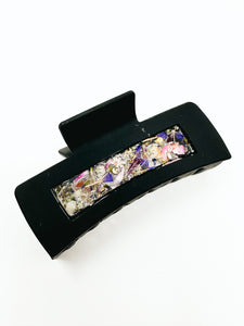 Tuxedo Black Claw Clip with purple toned Flowers