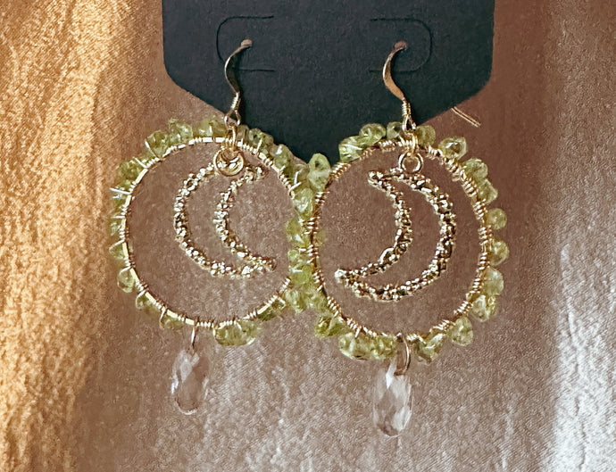 Peridot Crystal Moon Hoops- 14k Earring Hooks.