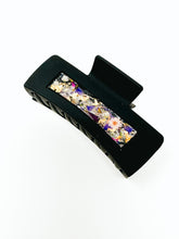 Load image into Gallery viewer, Tuxedo Black Claw Clip with purple toned Flowers