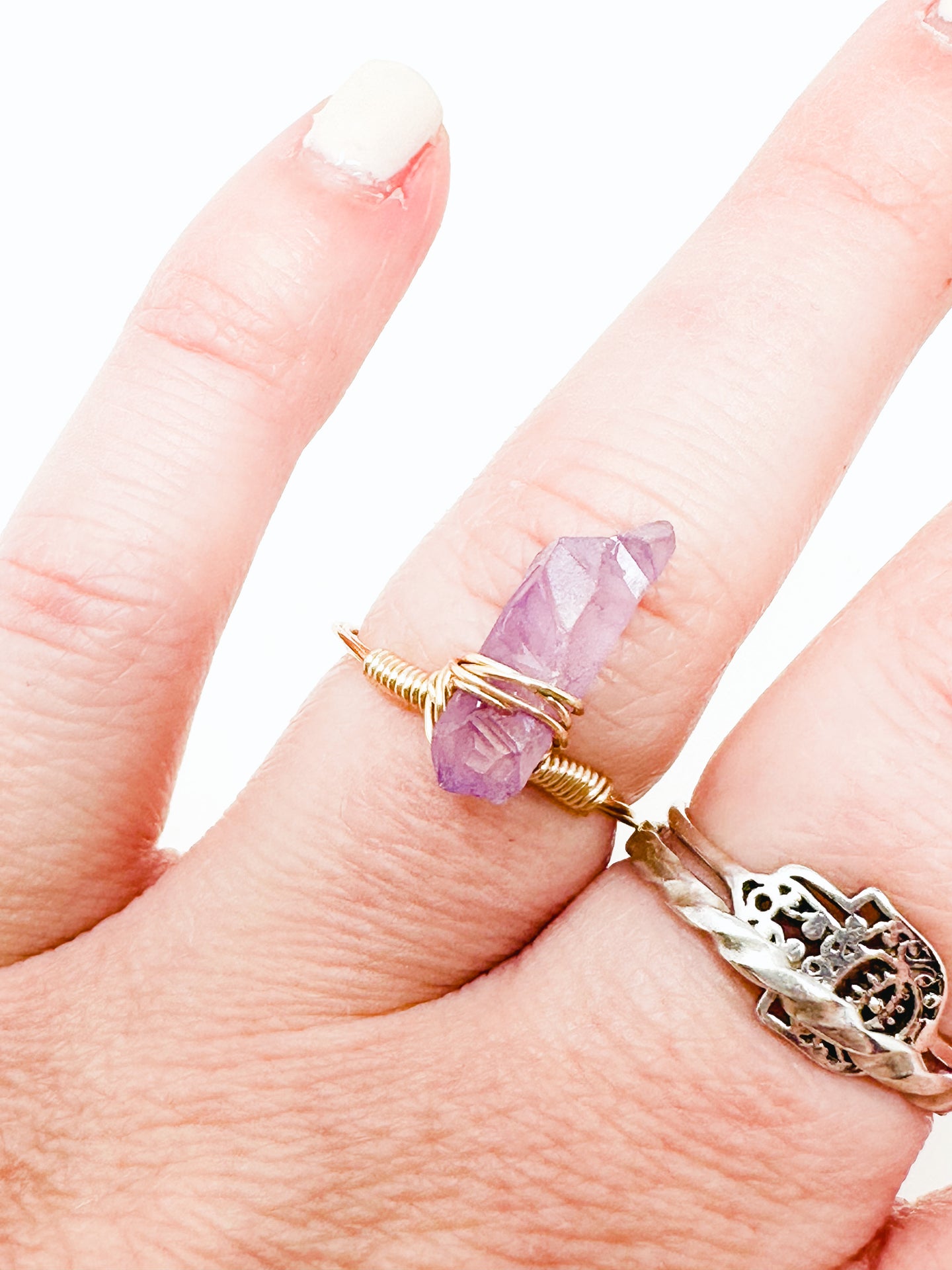 Lavender Dyed Quartz Crystal Gold Wire Ring