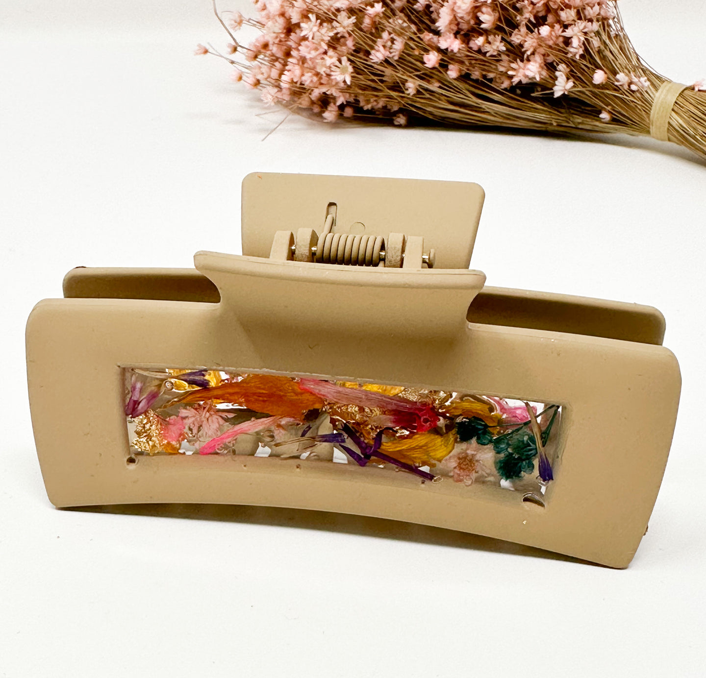 Tan Claw Clip with Multicolored Flowers